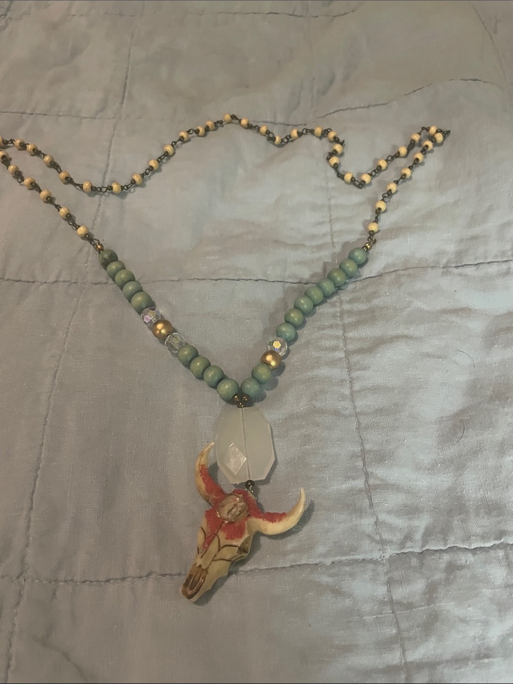 Boho Green Beaded Necklace with Bull Skull Pendant